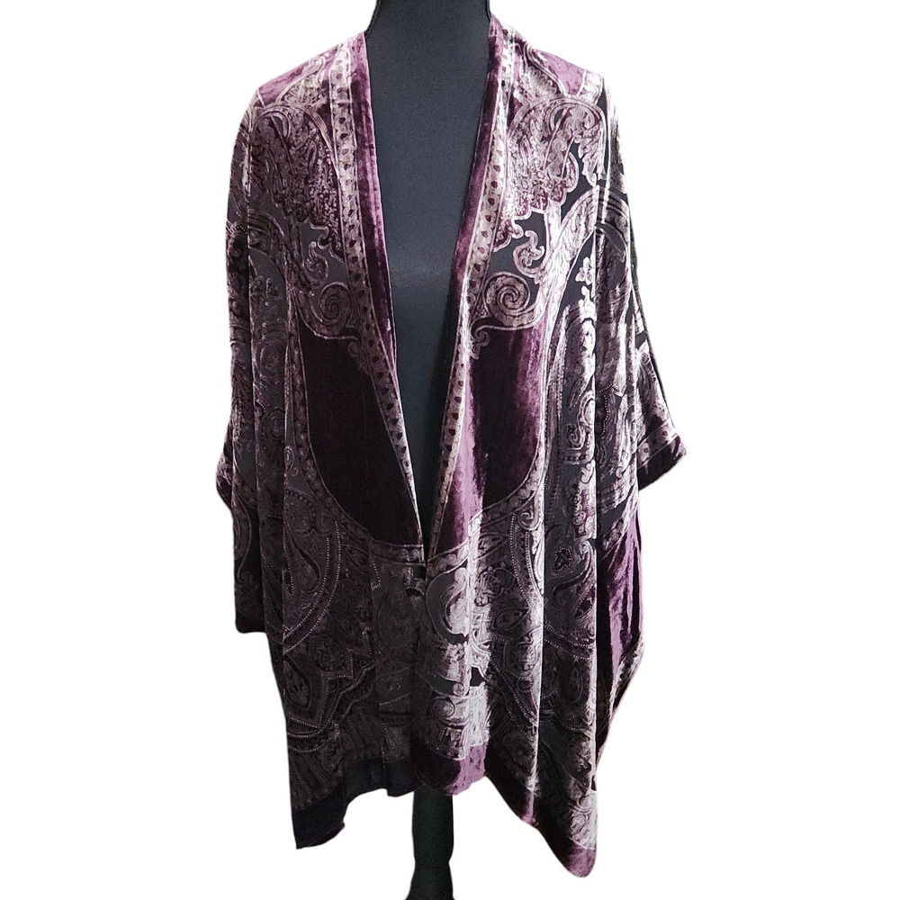 CHICO'S Travelers Velvet Burnout Kimono Dark Purple L/XL Paisley Duster $149 - Picture 2 of 6
